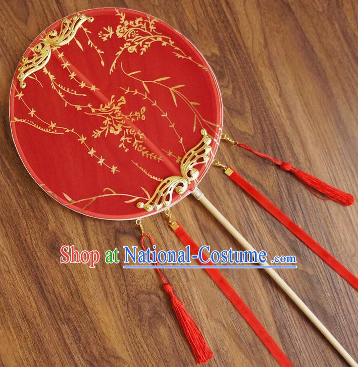 Chinese Traditional Hanfu Wedding Red Palace Fans Ancient Princess Silk Round Fan for Women