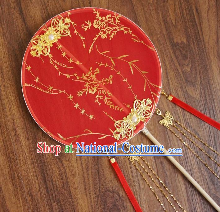 Chinese Traditional Hanfu Wedding Red Printing Palace Fans Ancient Princess Silk Round Fan for Women