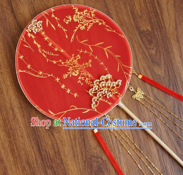 Chinese Traditional Hanfu Wedding Red Ribbon Palace Fans Ancient Princess Silk Round Fan for Women