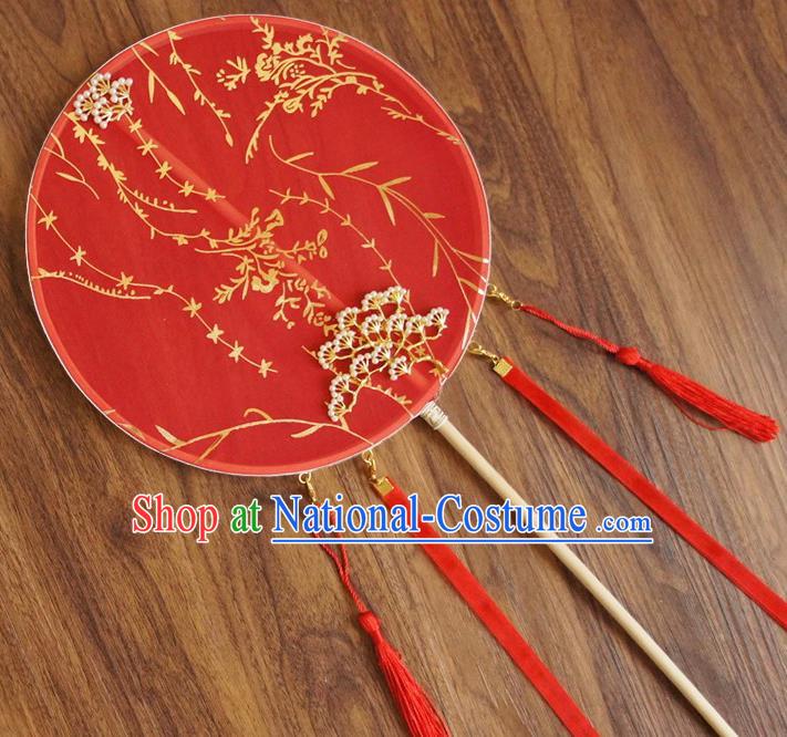 Chinese Traditional Hanfu Wedding Red Pine Palace Fans Ancient Princess Silk Round Fan for Women