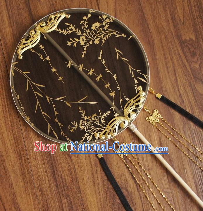 Chinese Traditional Hanfu Butterfly Tassel Black Palace Fans Ancient Princess Silk Round Fan for Women