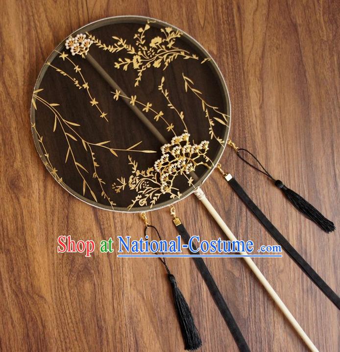 Chinese Traditional Hanfu Ribbon Tassel Black Pine Palace Fans Ancient Princess Silk Round Fan for Women