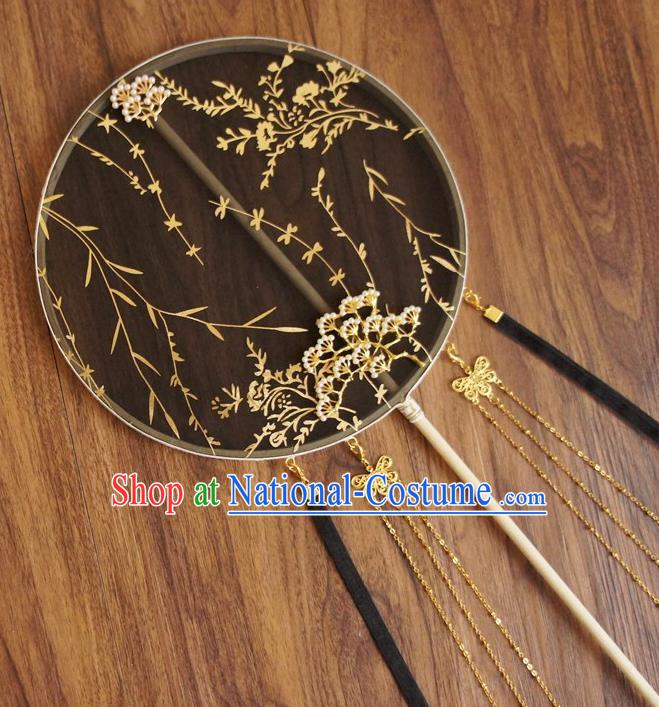 Chinese Traditional Hanfu Butterfly Tassel Black Pine Palace Fans Ancient Princess Silk Round Fan for Women