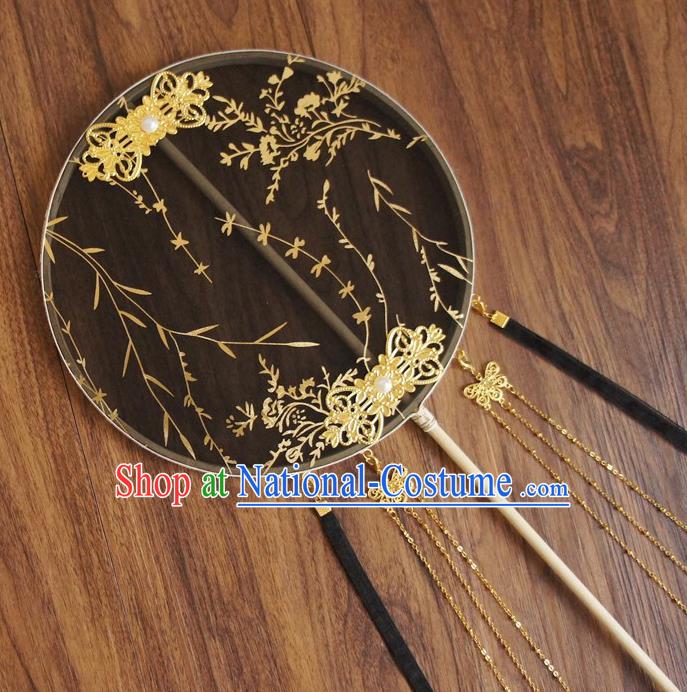 Chinese Traditional Hanfu Butterfly Tassel Black Palace Fans Ancient Princess Silk Round Fan for Women