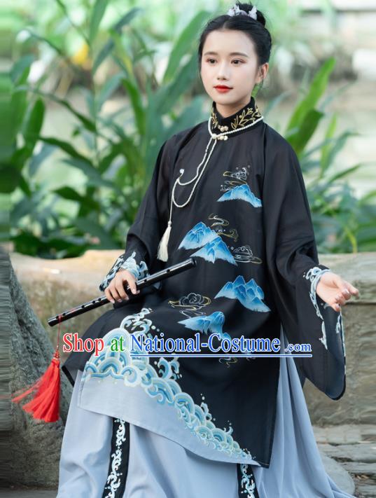 Traditional Chinese Ming Dynasty Nobility Lady Replica Costumes Ancient Court Countess Black Hanfu Dress for Women