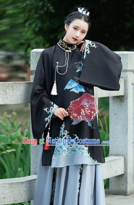 Traditional Chinese Ming Dynasty Nobility Lady Replica Costumes Ancient Court Countess Black Hanfu Dress for Women