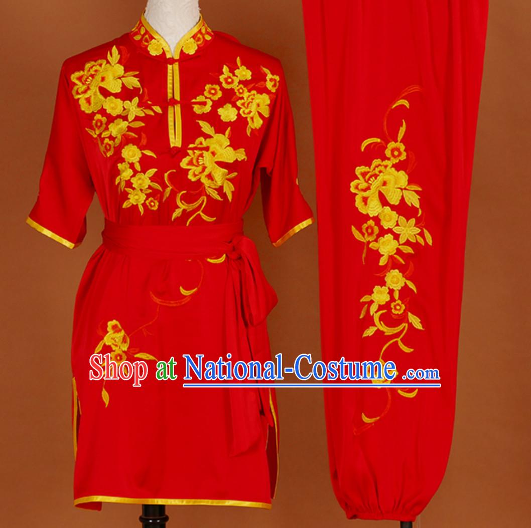 Lucky Red Embroidered Short Sleeves Martial Arts Clothing Kung Fu Dress Wushu Suits Stage Performance Championship Competition Full Set for Girls Women
