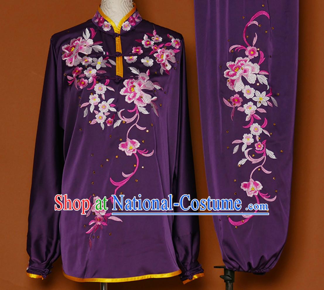 Purple Asian Embroidered Long Sleeves Martial Arts Clothing Kung Fu Dress Wushu Suits Stage Performance Championship Competition Full Set for Girls Women