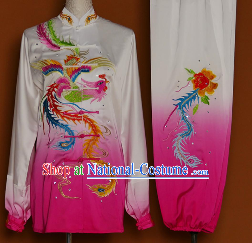 Color Change Phoenix Embroidered Long Sleeves Martial Arts Clothing Kung Fu Dress Wushu Suits Stage Performance Championship Competition Full Set for Girls Women