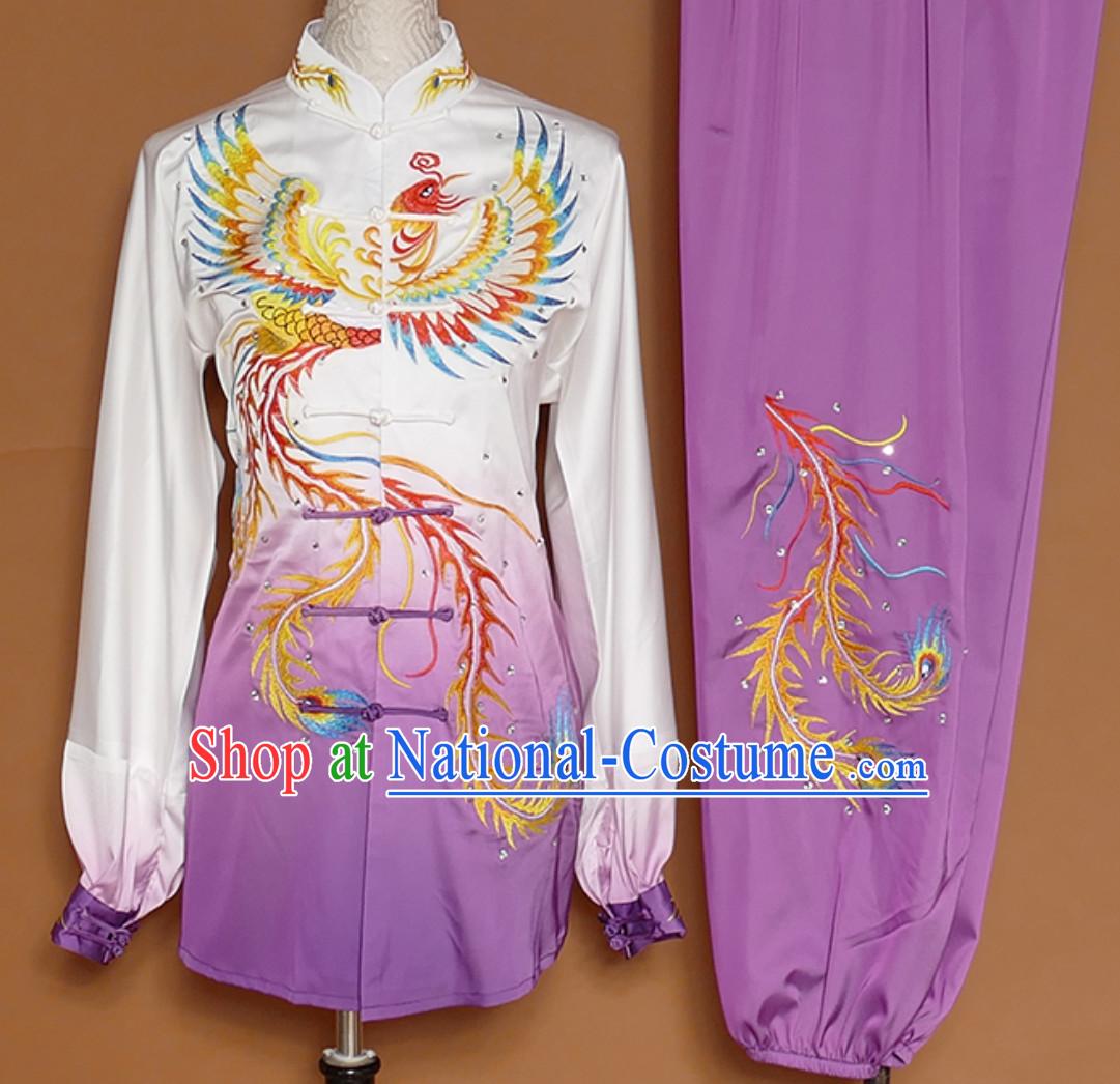 Purple Classical Giant Phoenix Embroidered Long Sleeves Martial Arts Clothing Kung Fu Dress Wushu Suits Stage Performance Championship Competition Dresses Full Set for Girls Women