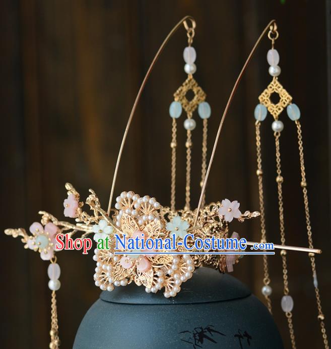 Chinese Ancient Tang Dynasty Palace Princess Pine Tassel Hair Crown Hairpins Traditional Hanfu Court Hair Accessories for Women