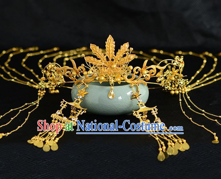 Chinese Ancient Tang Dynasty Palace Princess Golden Phoenix Coronet Hairpins Traditional Hanfu Court Hair Accessories for Women