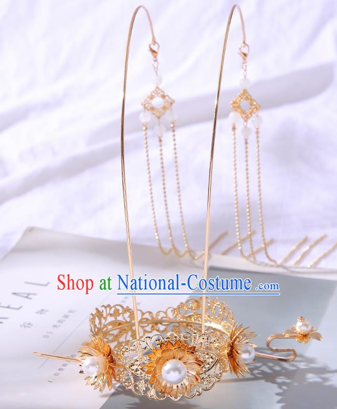 Chinese Ancient Tang Dynasty Princess Golden Lotus Phoenix Coronet Hairpins Traditional Hanfu Court Hair Accessories for Women