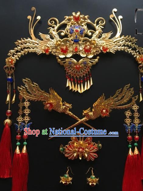 Chinese Ancient Ming Dynasty Bride Phoenix Coronet Hairpins Traditional Hanfu Court Princess Hair Accessories for Women