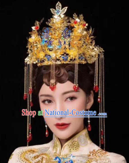 Chinese Ancient Bride Cloisonne Phoenix Coronet Hairpins Traditional Hanfu Court Princess Hair Accessories for Women