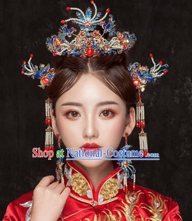 Chinese Ancient Qing Dynasty Cloisonne Phoenix Coronet Hairpins Traditional Hanfu Court Princess Hair Accessories for Women