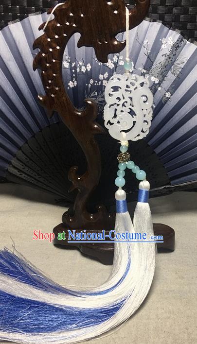 Traditional Chinese Hanfu Jade Carving Dragon Waist Accessories Ancient Swordsman White Tassel Pendant