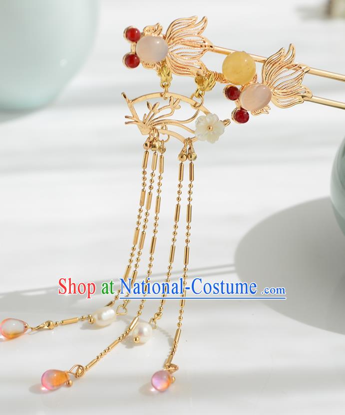 Chinese Ancient Tang Dynasty Princess Agate Goldfish Hairpins Traditional Hanfu Court Hair Accessories for Women