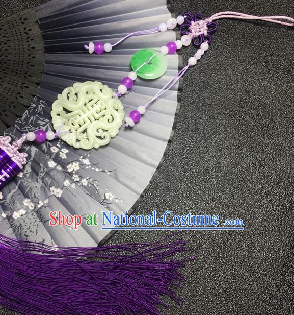 Traditional Chinese Hanfu Jade Carving Longevity Waist Accessories Purple Tassel Pendant Ancient Swordsman Brooch