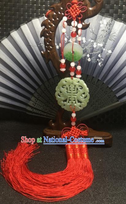 Traditional Chinese Hanfu Jade Carving Longevity Waist Accessories Red Tassel Pendant Ancient Swordsman Brooch