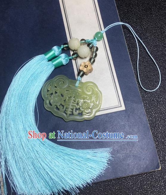 Traditional Chinese Hanfu Jade Carving Plum Waist Accessories Blue Tassel Pendant Ancient Swordsman Brooch