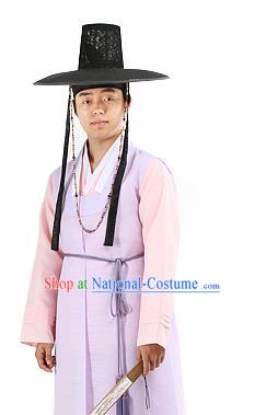 Traditional Korean Purple Hanbok Clothing Asian Korea Ancient Bridegroom Fashion Apparel Costume and Hat for Men