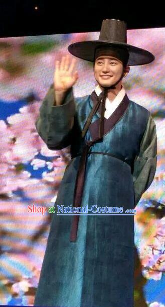 Traditional Korean Hanbok Peacock Blue Clothing Asian Korea Ancient Prince Apparel Costume and Hat for Men