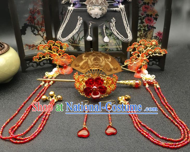 Chinese Ancient Ming Dynasty Princess Red Pine Hair Crown Hairpins Traditional Hanfu Court Hair Accessories for Women