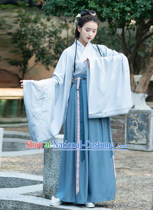 Traditional Chinese Jin Dynasty Court Lady Replica Costumes Ancient Royal Princess Blue Hanfu Dress for Women