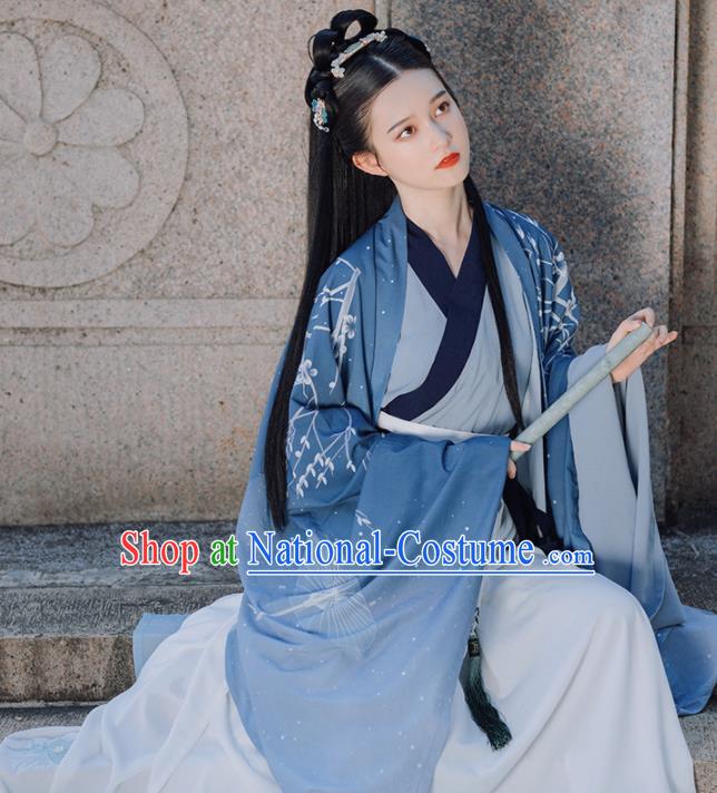 Traditional Chinese Jin Dynasty Imperial Concubine Replica Costumes Ancient Court Princess Blue Hanfu Dress for Women