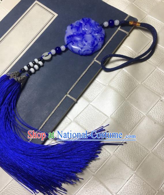 Traditional Chinese Hanfu Jade Pi Xiu Waist Accessories Royalblue Tassel Pendant Ancient Swordsman Brooch