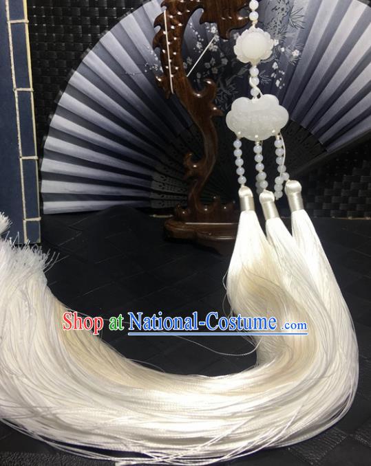 Traditional Chinese Hanfu Jade Carving Lotus Waist Accessories White Tassel Pendant Ancient Swordsman Brooch