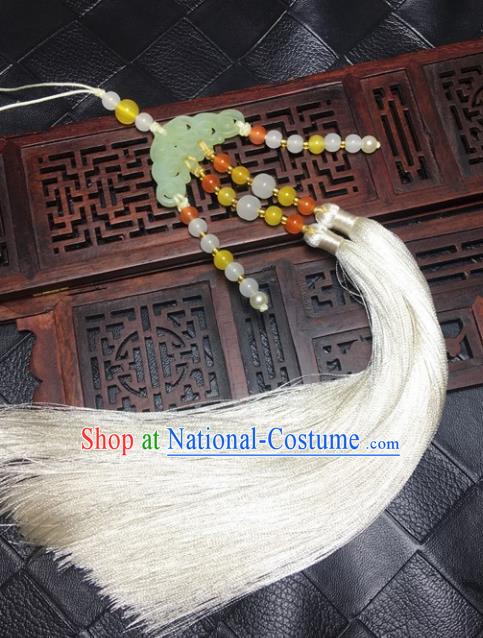 Traditional Chinese Hanfu Jade Carving Cloud Waist Accessories White Tassel Pendant Ancient Swordsman Brooch