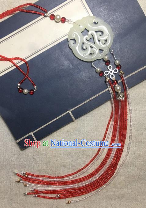 Traditional Chinese Hanfu Jade Carving Waist Accessories Palace Red Beads Tassel Pendant Ancient Swordsman Brooch