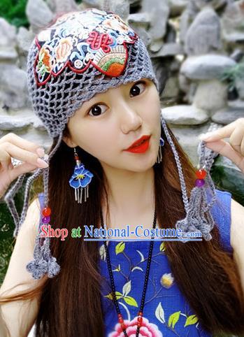 Chinese Traditional Ethnic Embroidered Hat National Handmade Grey Wool Knitting Hat for Women