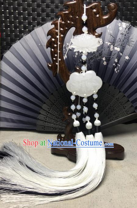 Traditional Chinese Hanfu Jade Carving Lotus Waist Accessories Palace White Tassel Pendant Ancient Swordsman Brooch