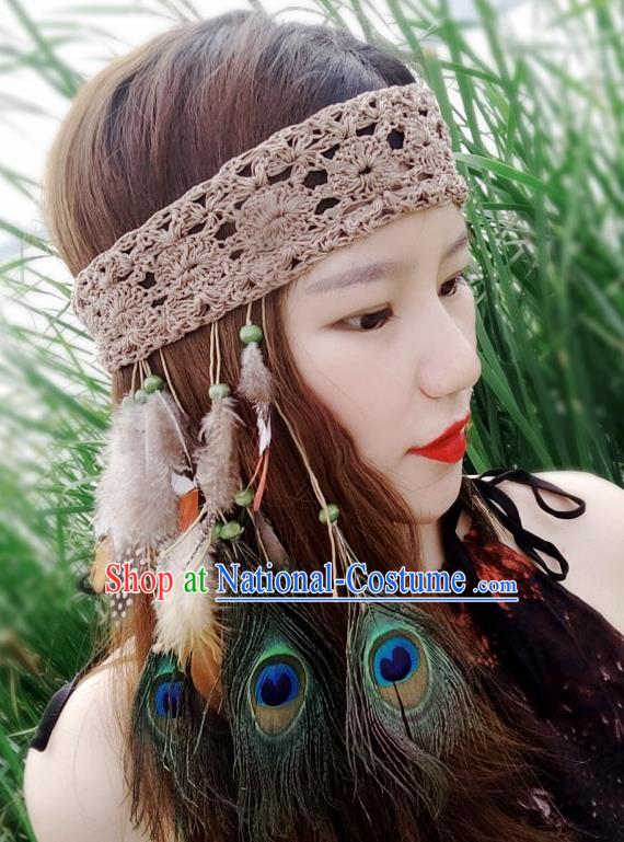 Chinese Traditional Ethnic Wool Knitting Headband National Handmade Feather Hair Clasp for Women