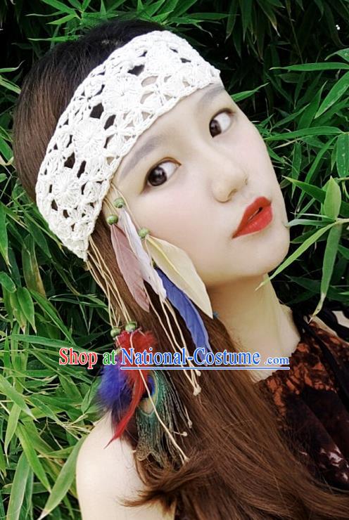 Chinese Traditional Ethnic White Wool Knitting Headband National Handmade Feather Hair Clasp for Women