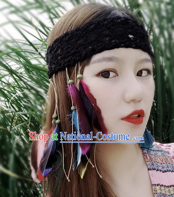 Chinese Traditional Ethnic Black Wool Knitting Headband National Handmade Feather Hair Clasp for Women