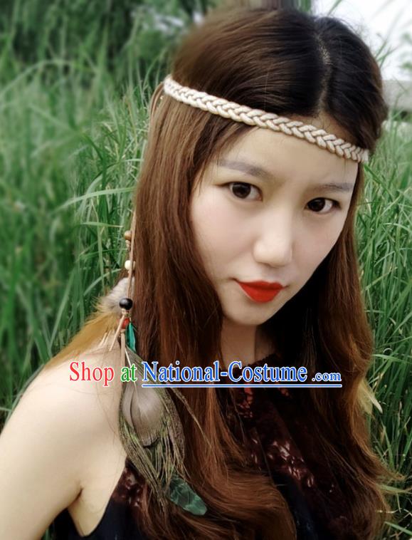 Chinese Traditional Ethnic Leather Knitting Headband National Handmade Feather Hair Clasp for Women