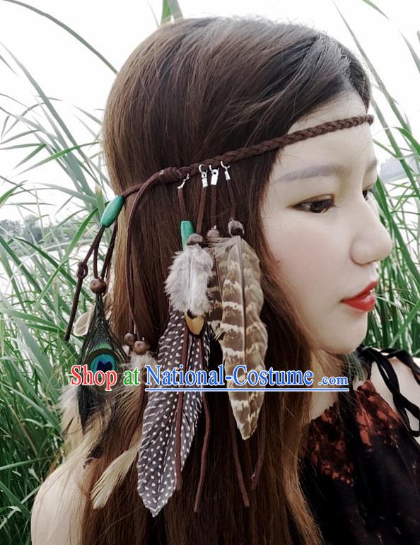 Chinese Traditional Ethnic Brown Leather Knitting Headband National Handmade Feather Hair Clasp for Women