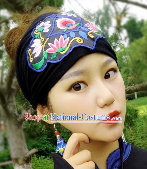 Chinese Traditional Ethnic Embroidered Lotus Blue Headband National Handmade Hair Clasp for Women