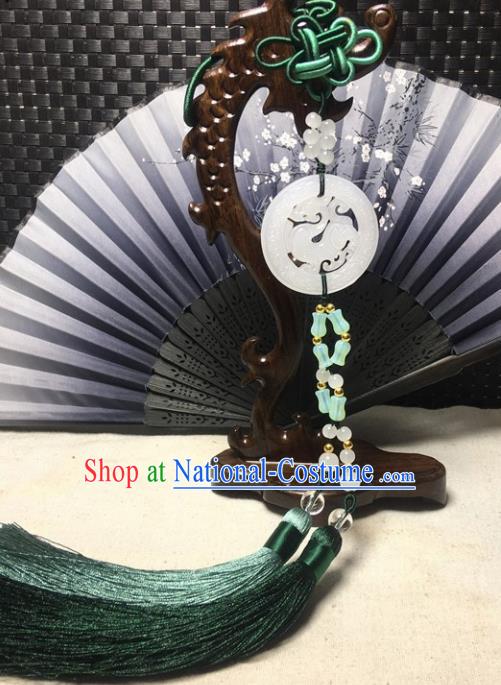 Traditional Chinese Hanfu White Jade Carving Dragon Waist Accessories Palace Green Tassel Pendant Ancient Swordsman Brooch