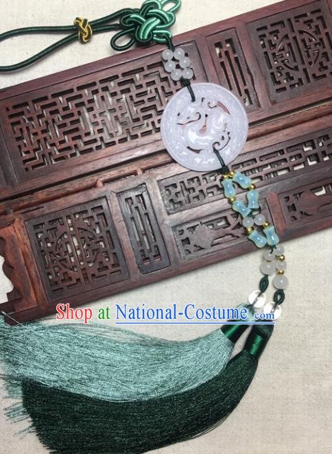 Traditional Chinese Hanfu White Jade Carving Dragon Waist Accessories Palace Green Tassel Pendant Ancient Swordsman Brooch