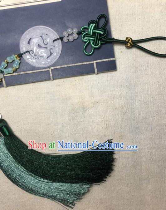 Traditional Chinese Hanfu White Jade Carving Dragon Waist Accessories Palace Green Tassel Pendant Ancient Swordsman Brooch