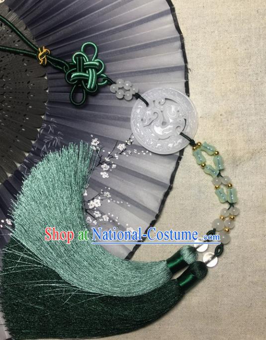 Traditional Chinese Hanfu White Jade Carving Dragon Waist Accessories Palace Green Tassel Pendant Ancient Swordsman Brooch