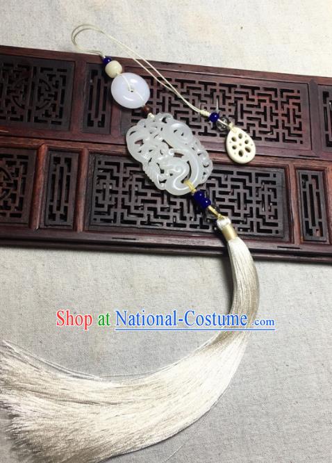 Traditional Chinese Hanfu Jade Carving Waist Accessories Palace White Tassel Pendant Ancient Swordsman Brooch