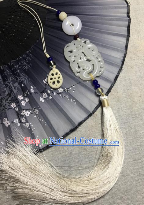 Traditional Chinese Hanfu Jade Carving Waist Accessories Palace White Tassel Pendant Ancient Swordsman Brooch