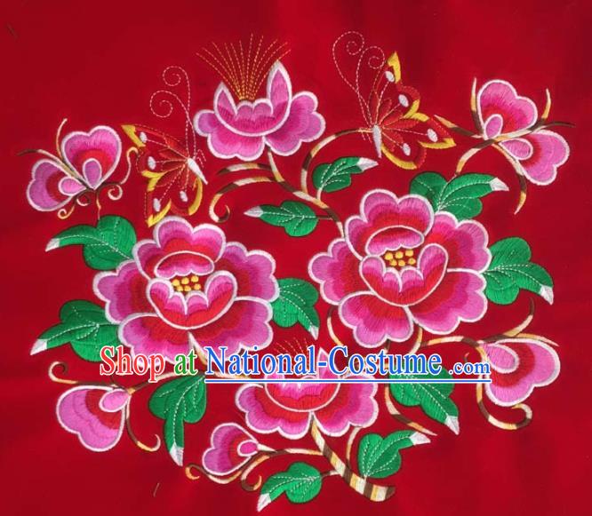 Chinese Traditional Embroidery Cloth Accessories National Embroidered Peony Butterfly Red Dress Patch