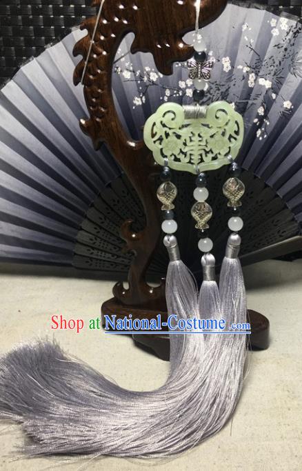 Traditional Chinese Hanfu Jade Carving Plum Waist Accessories Palace Grey Tassel Pendant Ancient Swordsman Brooch